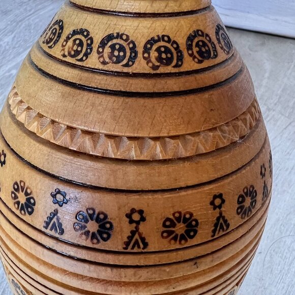 Wood Vase Whimsical Stamp Pattern Primitive Farmhouse Rustic Decor - Picture 7 of 11